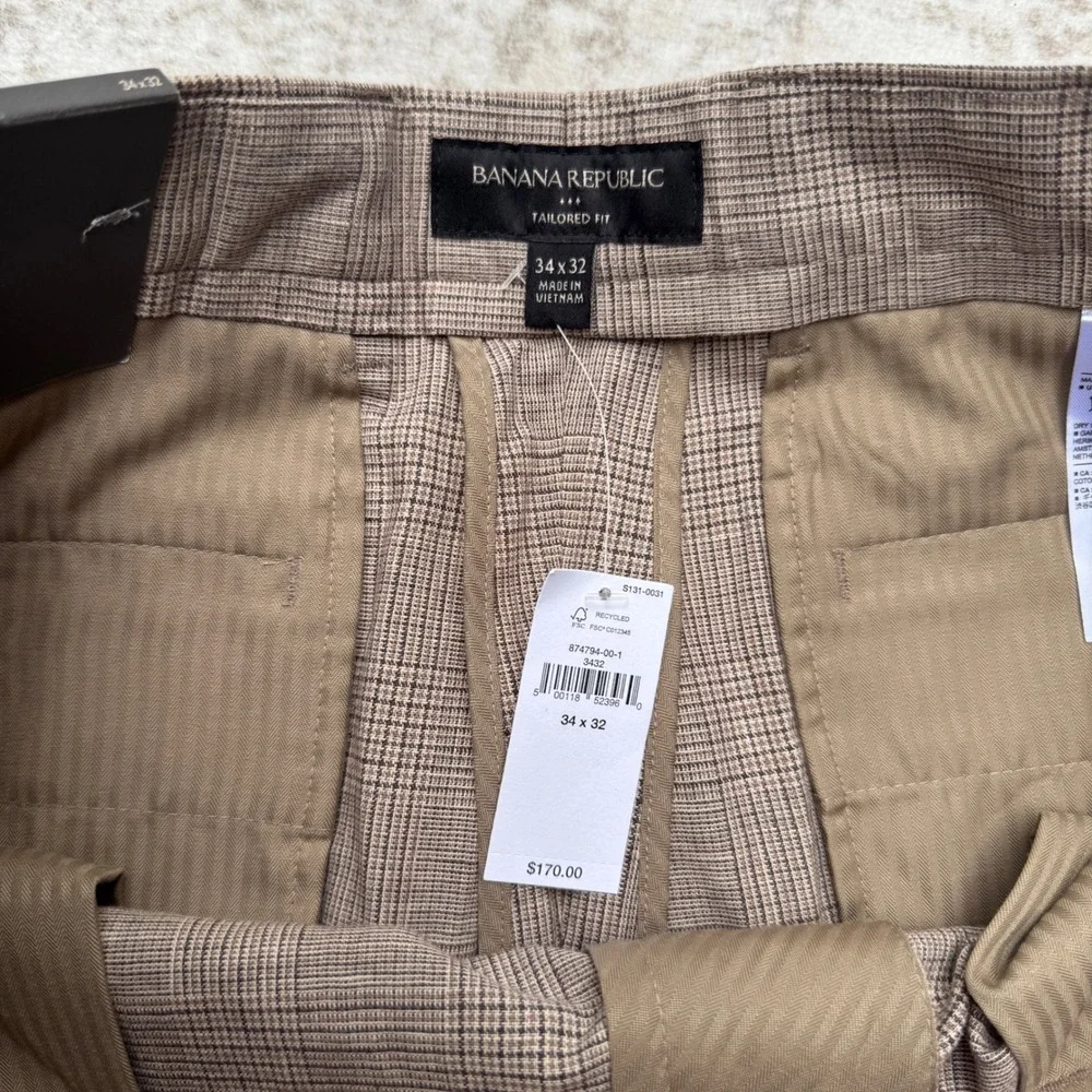 Banana Republic Mens Tailored Fit Glen Plaid Linen Blend Dress Pants Brown 34x32